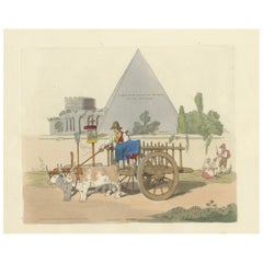 Antique Agricultural Print: Haycart in Rome, 1820s Hand-Colored Engraving