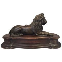 Large 19th Century French Grand Tour Bronze Recumbent Lion on Carved Wood Base