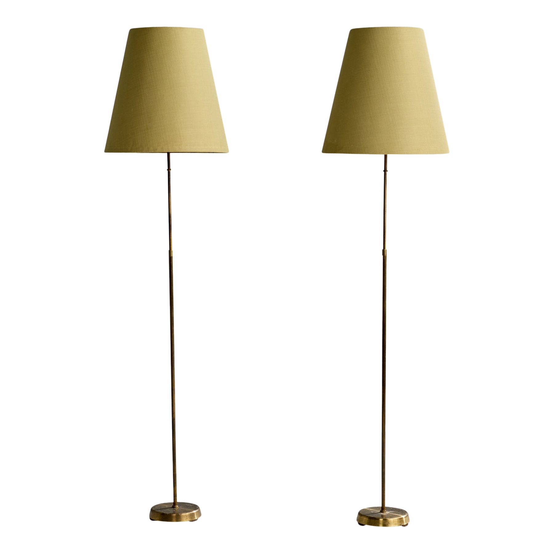 Swedish Designer, Floor Lamps, Brass, Fabric, Sweden, 1950s