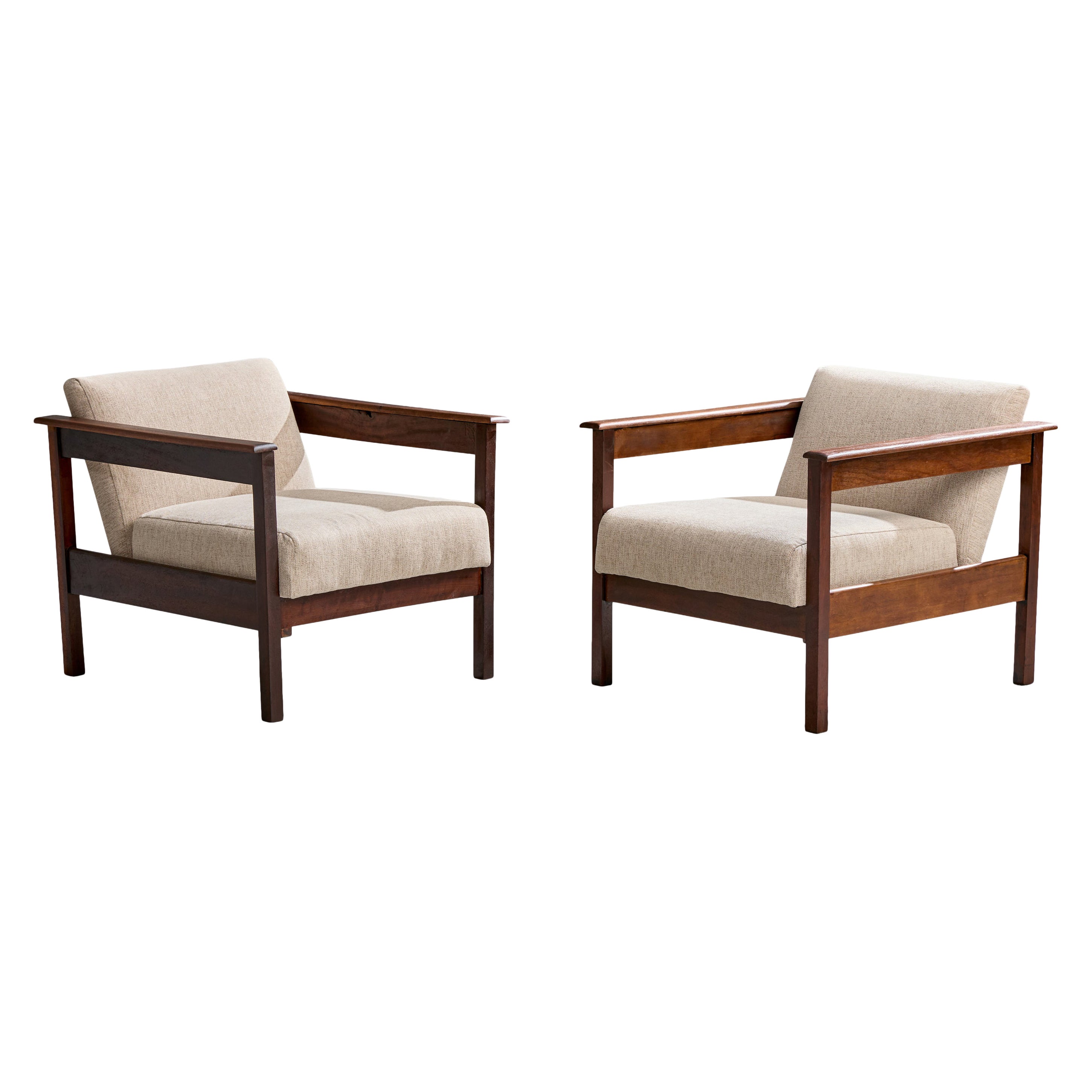 Brazilian Designer, Lounge Chairs, Wood, Fabric, Brazil, 1960s in vendita