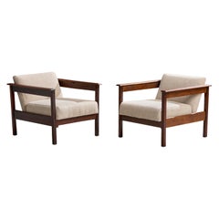 Brazilian Designer, Lounge Chairs, Wood, Fabric, Brazil, 1960s