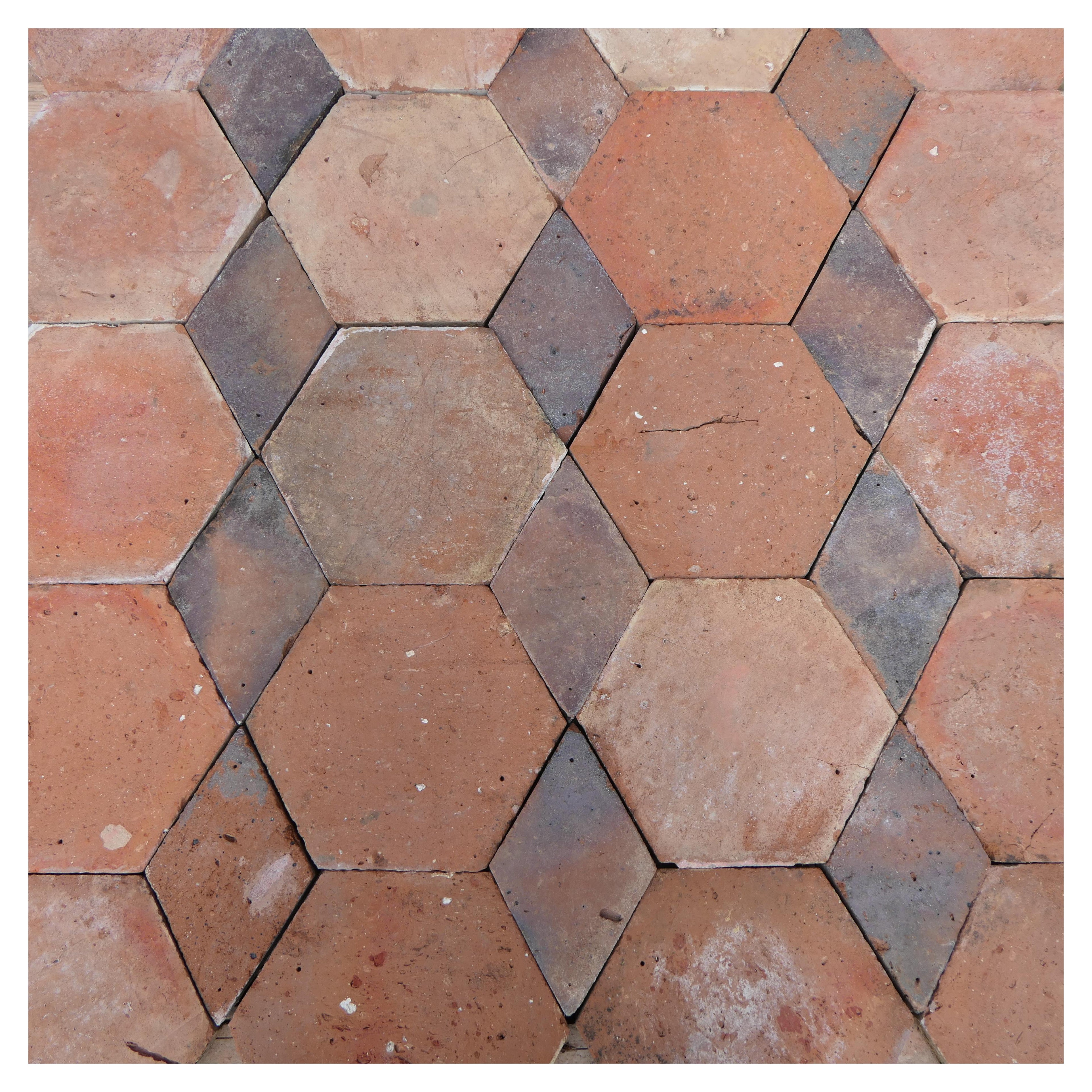 Antique French Terracotta Hexagonal Floor Tiles – 19th Century, Warm Earth Tones