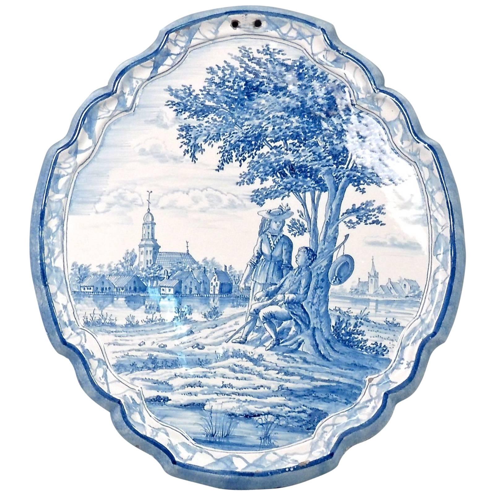 Antique Blue and White Dutch Delft Wall Plaque with an Amorous Young Couple