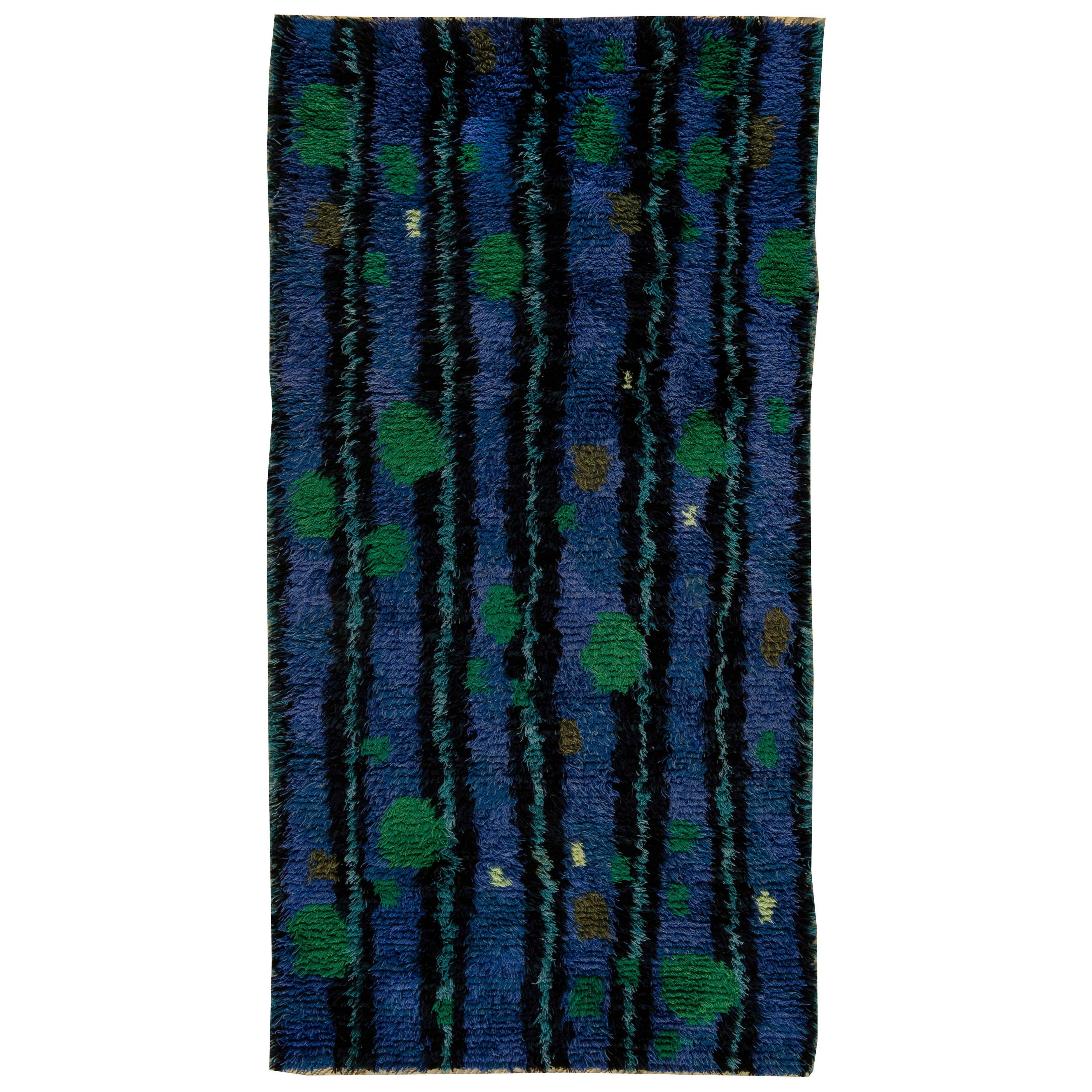 Tapis Rya suédois vintage Doris Leslie Blau en bleu et vert