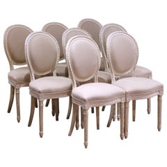 19th Century French Louis XVI Carved and Painted Dining Chairs, Suite of Eight