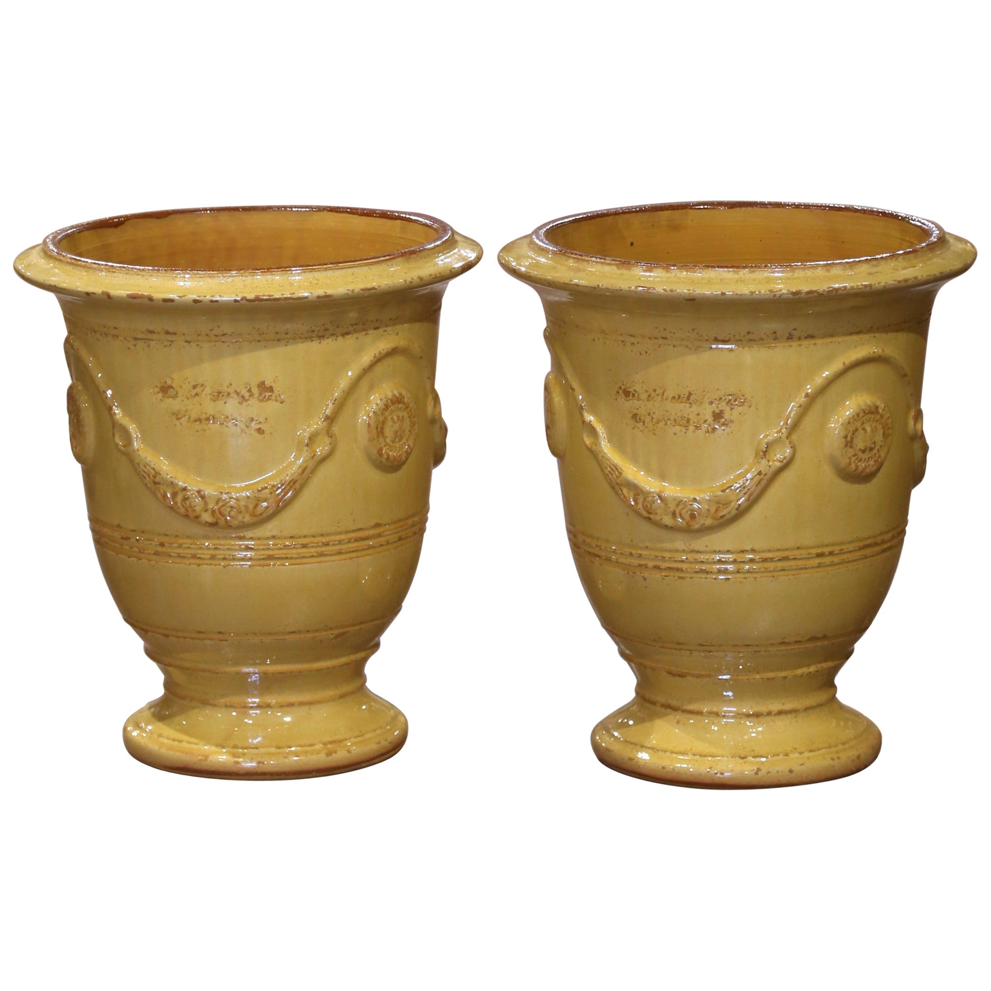Pair of French Handmade Yellow Glazed Terracotta Anduze Planters by La Madeleine For Sale