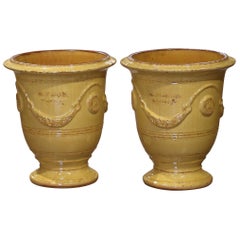 Pair of French Handmade Yellow Glazed Terracotta Anduze Planters by La Madeleine
