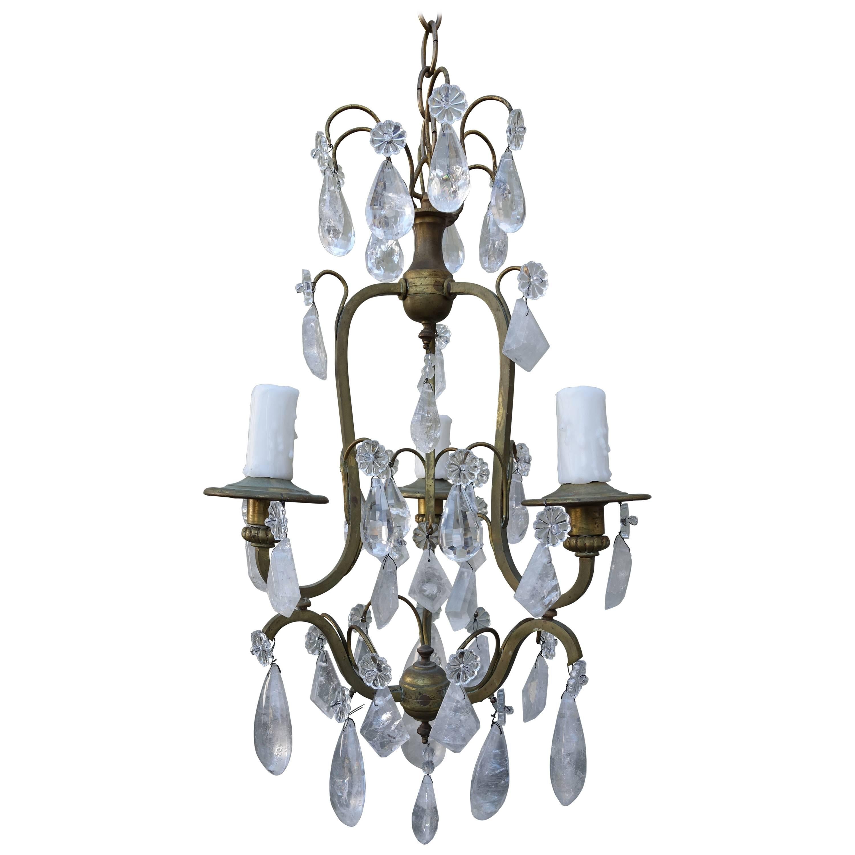 French Three-Light Rock Crystal Chandelier