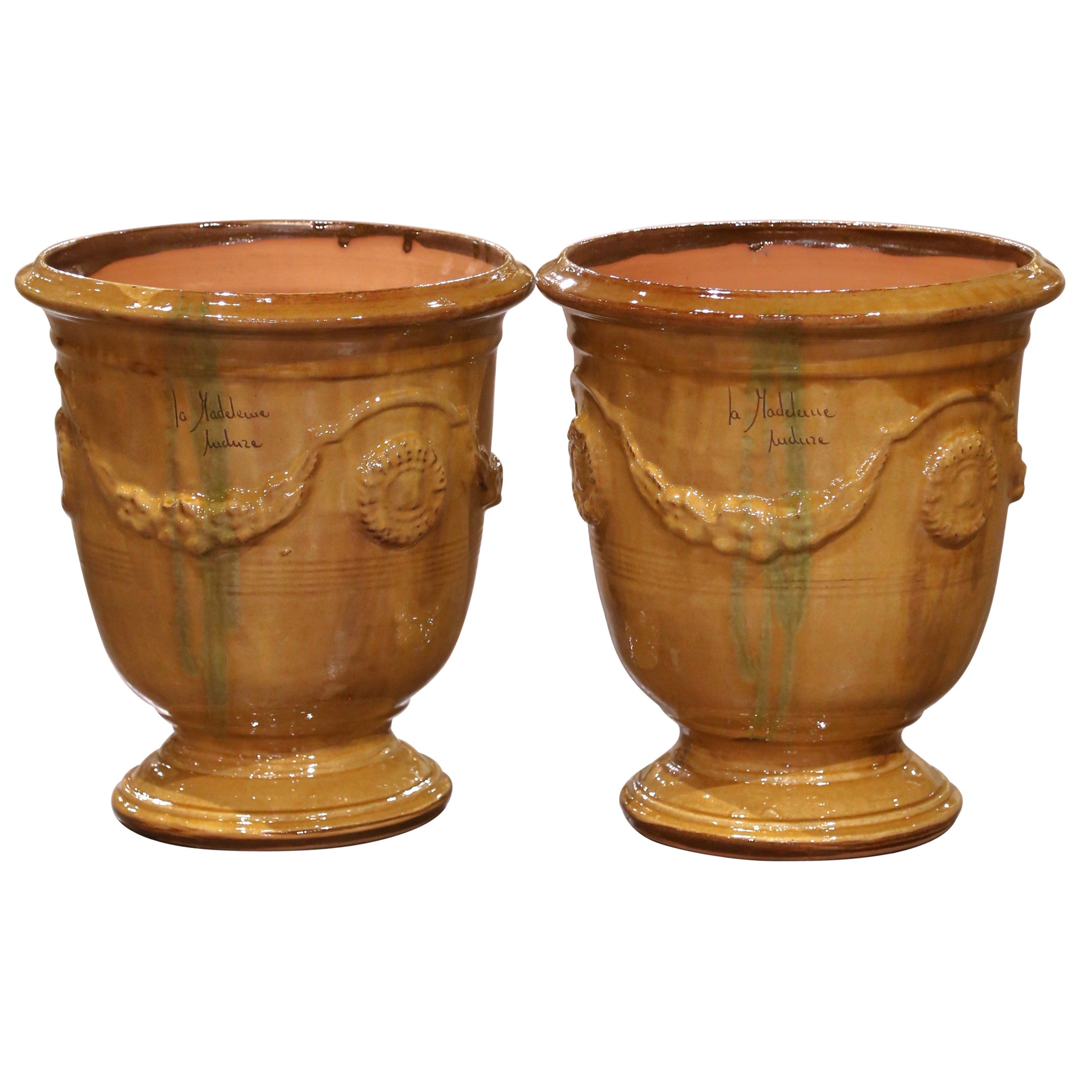 Pair of French Handmade Glazed Terracotta Planters by La Madeleine in Anduze