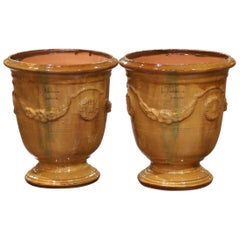 Pair of French Handmade Glazed Terracotta Planters by La Madeleine in Anduze