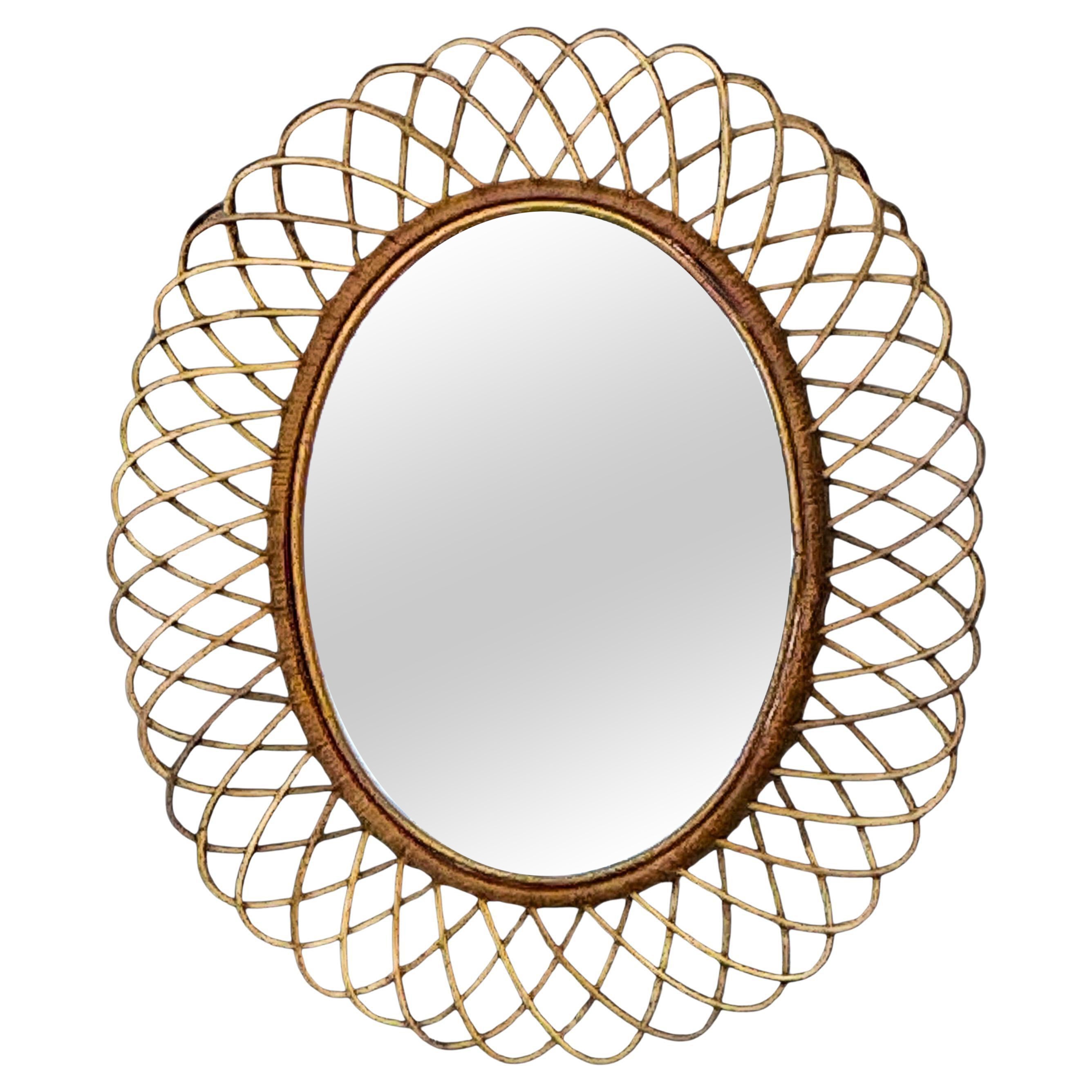 Mid-Century French Style Bamboo / Rattan Woven Walll Mirror