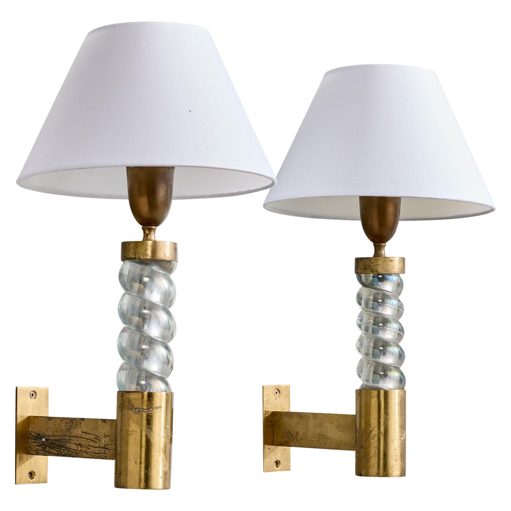Seguso, Wall Lights, Brass, Glass, Fabric, Italy, 1950s