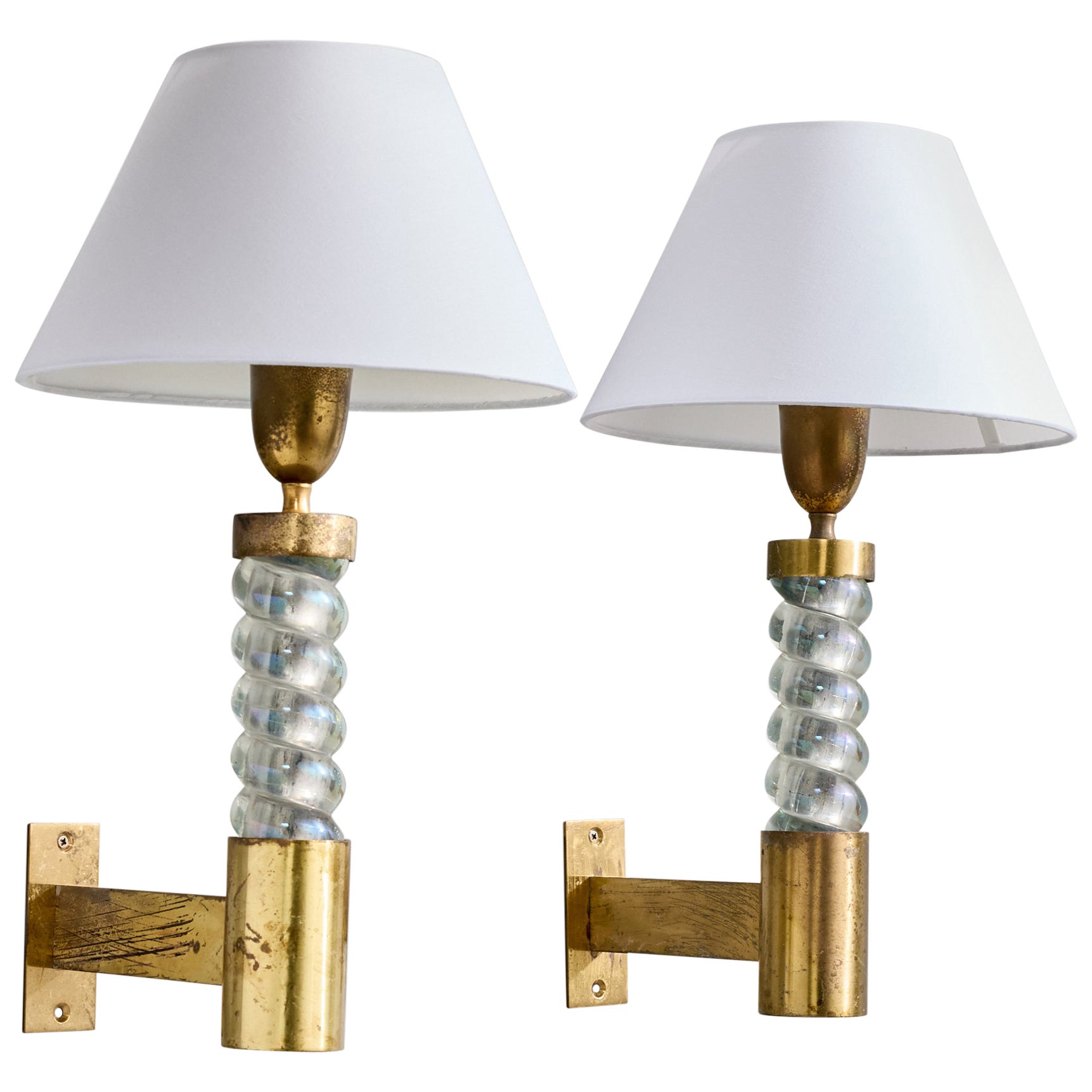 Seguso, Wall Lights, Brass, Glass, Fabric, Italy, 1950s