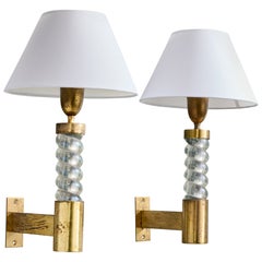 Seguso, Wall Lights, Brass, Glass, Fabric, Italy, 1950s