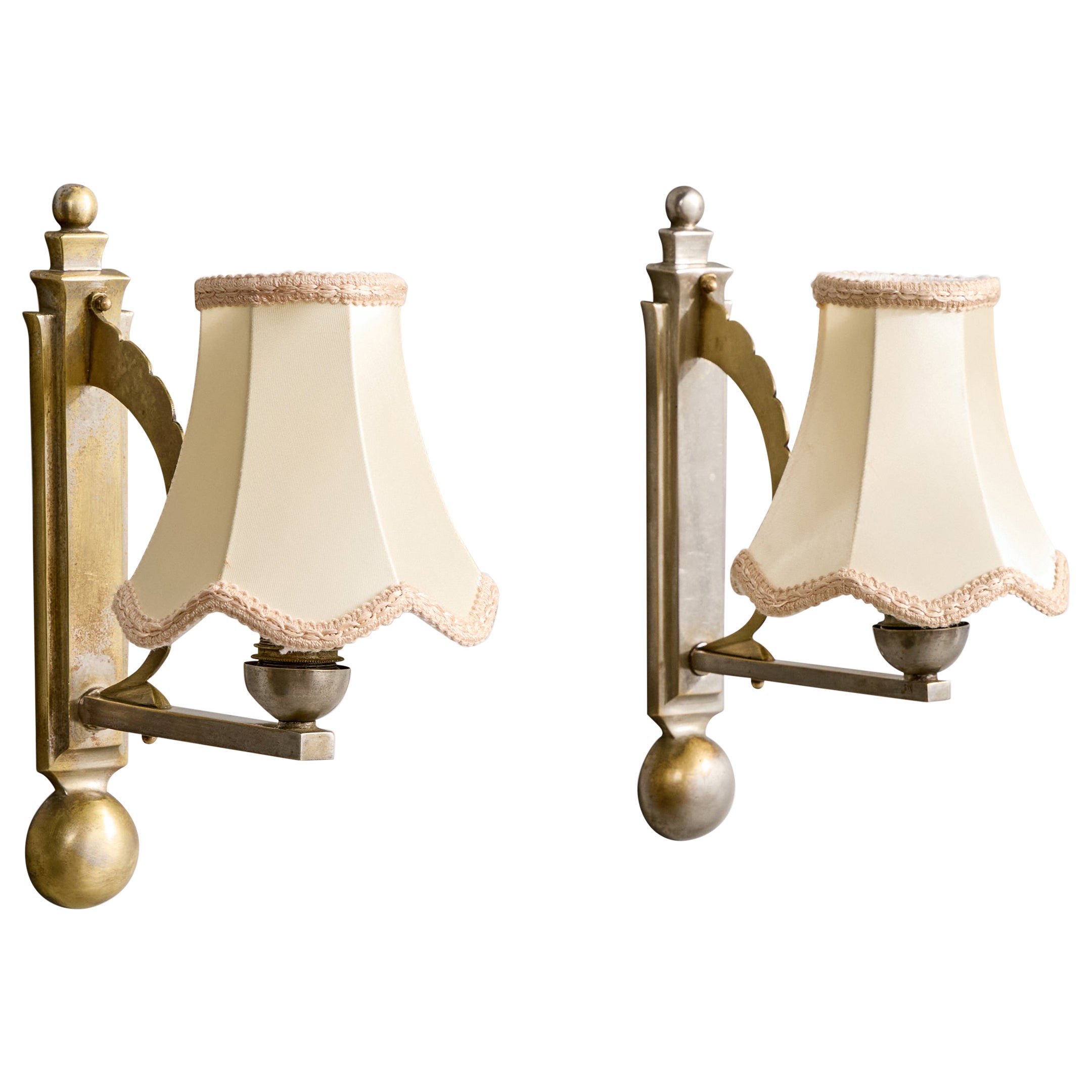 French Designer, Wall Lights, Brass, Fabric, France, 1930s