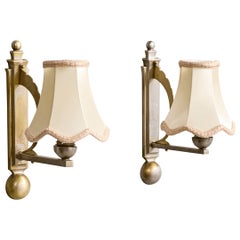 French Designer, Wall Lights, Brass, Fabric, France, 1930s