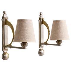 French Designer, Wall Lights, Brass, Fabric, France, 1930s