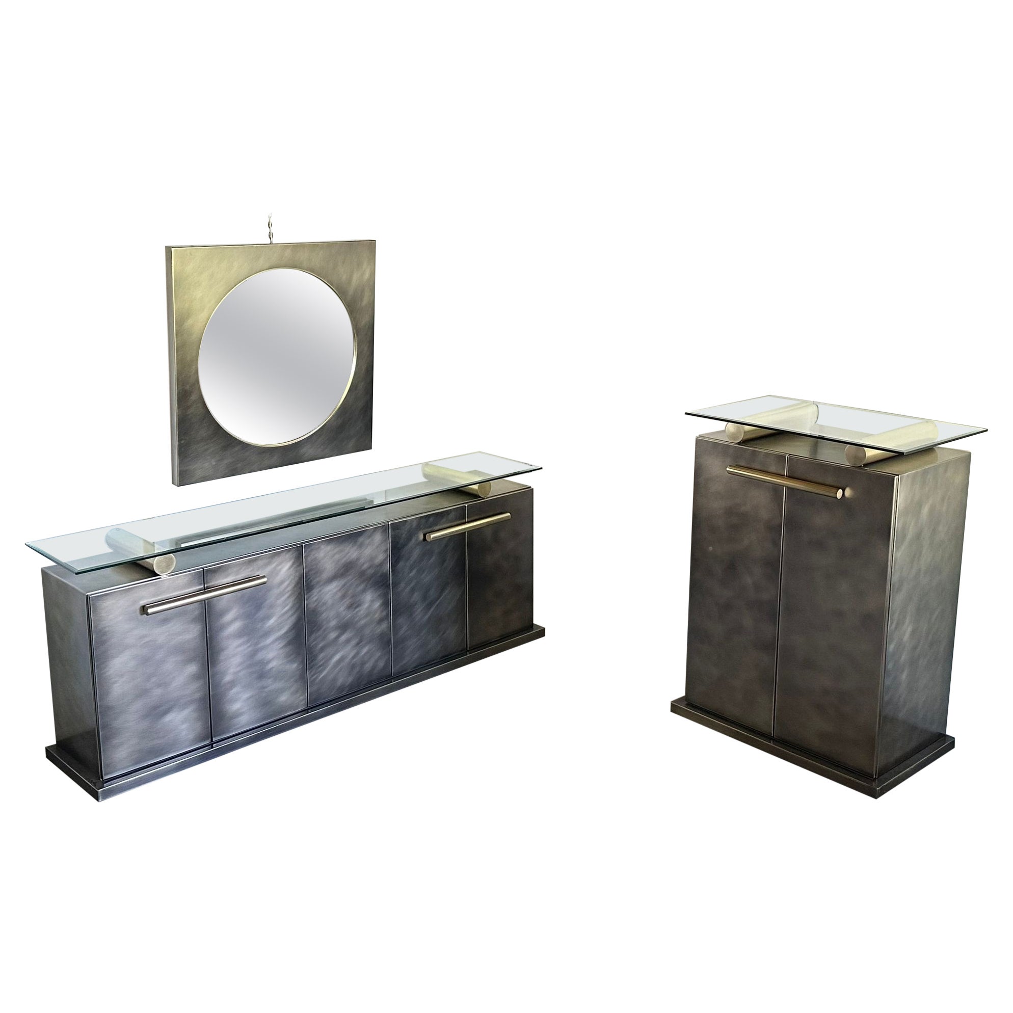 Credenza Belgo Chrom con mobile e specchio in acciaio inossidabile spazzolato, anni '80 in vendita