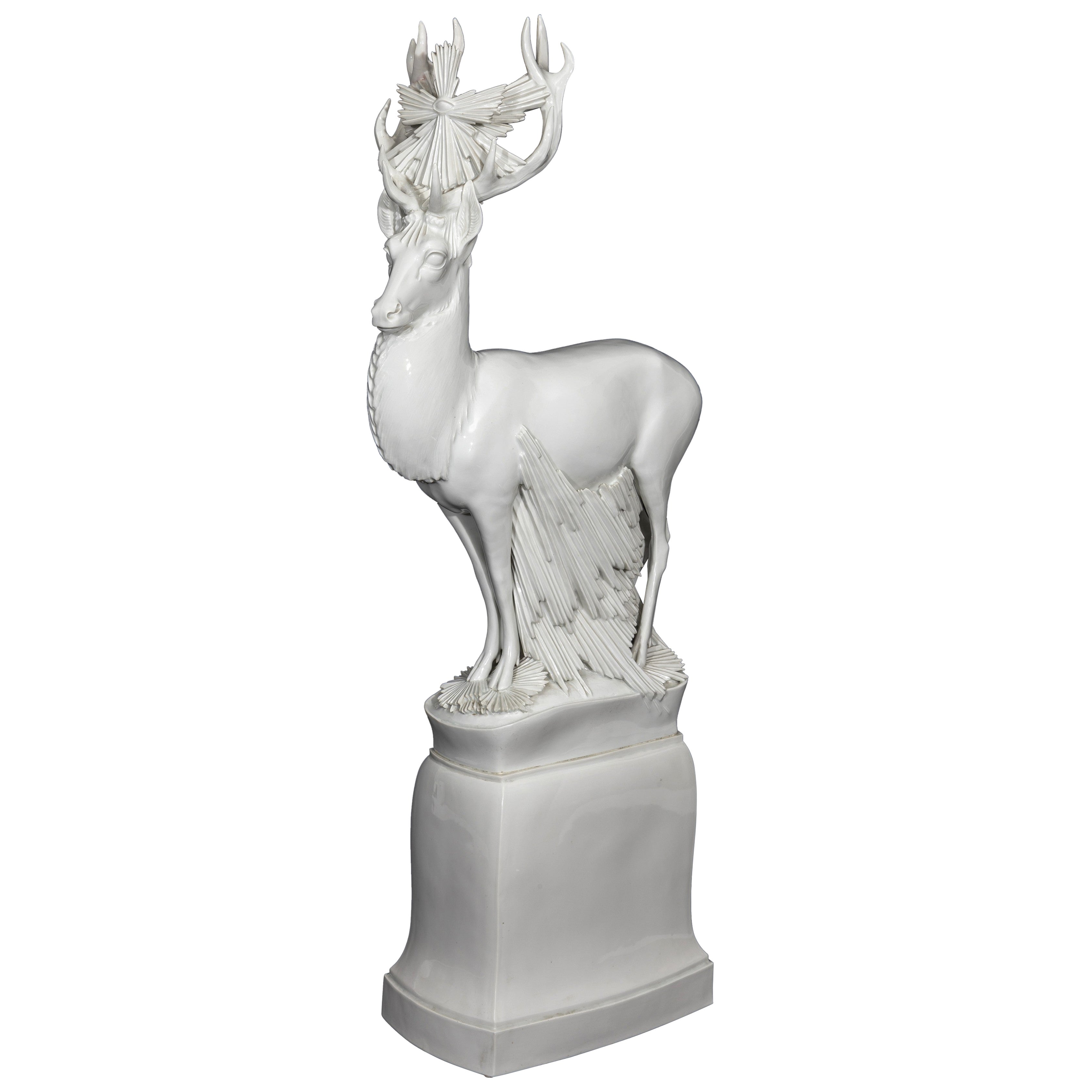 A Monumental Max Esser Meissen Porcelain Blanc de Chine Model of a Stag (Deer)