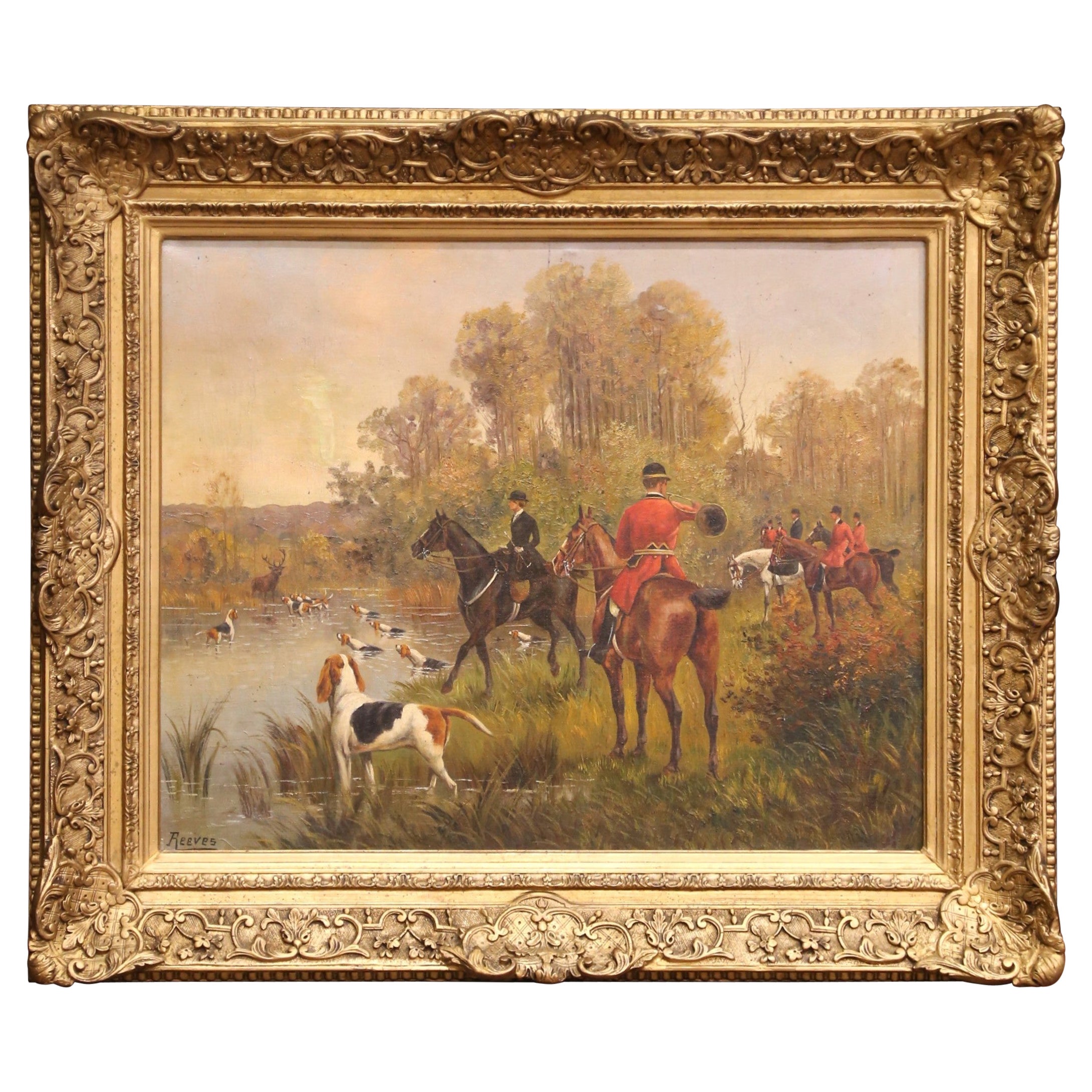 19th C. English Oil on Canvas Equestrian Hunt Scene in Gilt Frame, Signed Reeves