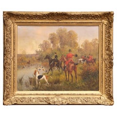19th C. English Oil on Canvas Equestrian Hunt Scene in Gilt Frame, Signed Reeves