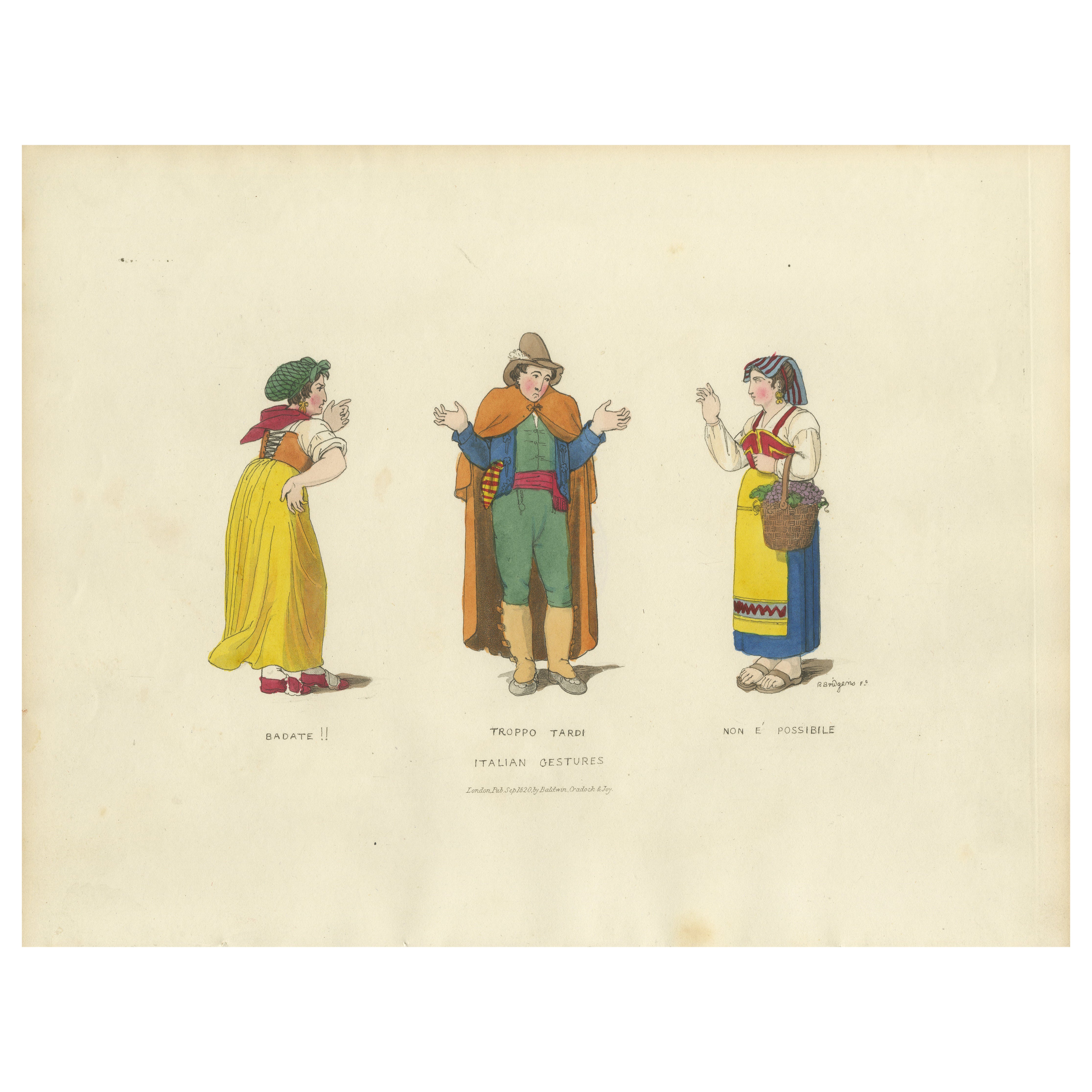 Costume Print: Italian Gestures with Traditional Dress, 1820s Engraving
