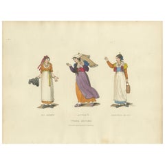 Italian Costume Print: Expressive Gestures of Women, Hand-Colored, 1820s