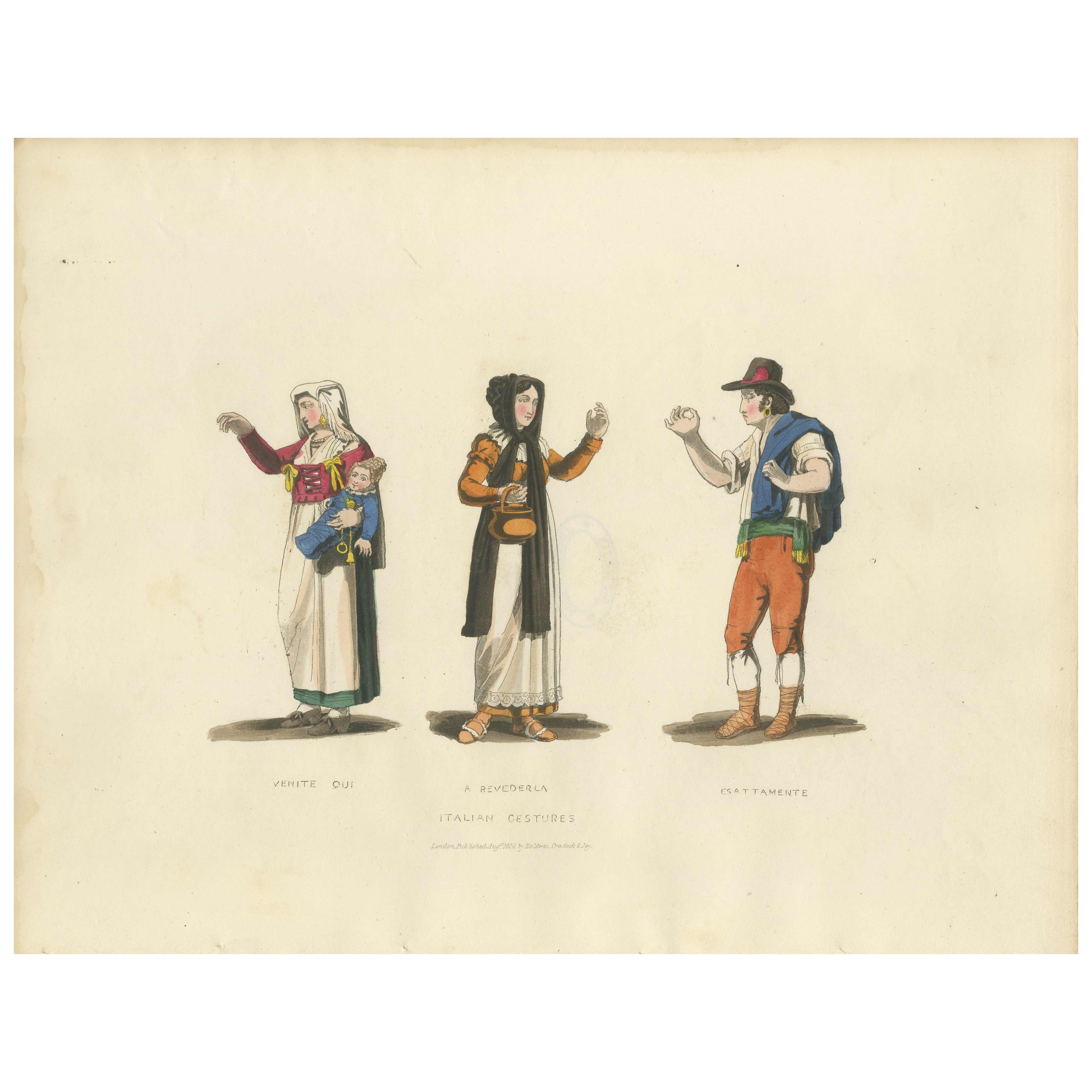 Gestes italiens : Costumes traditionnels et langage corporel, gravure des années 1820