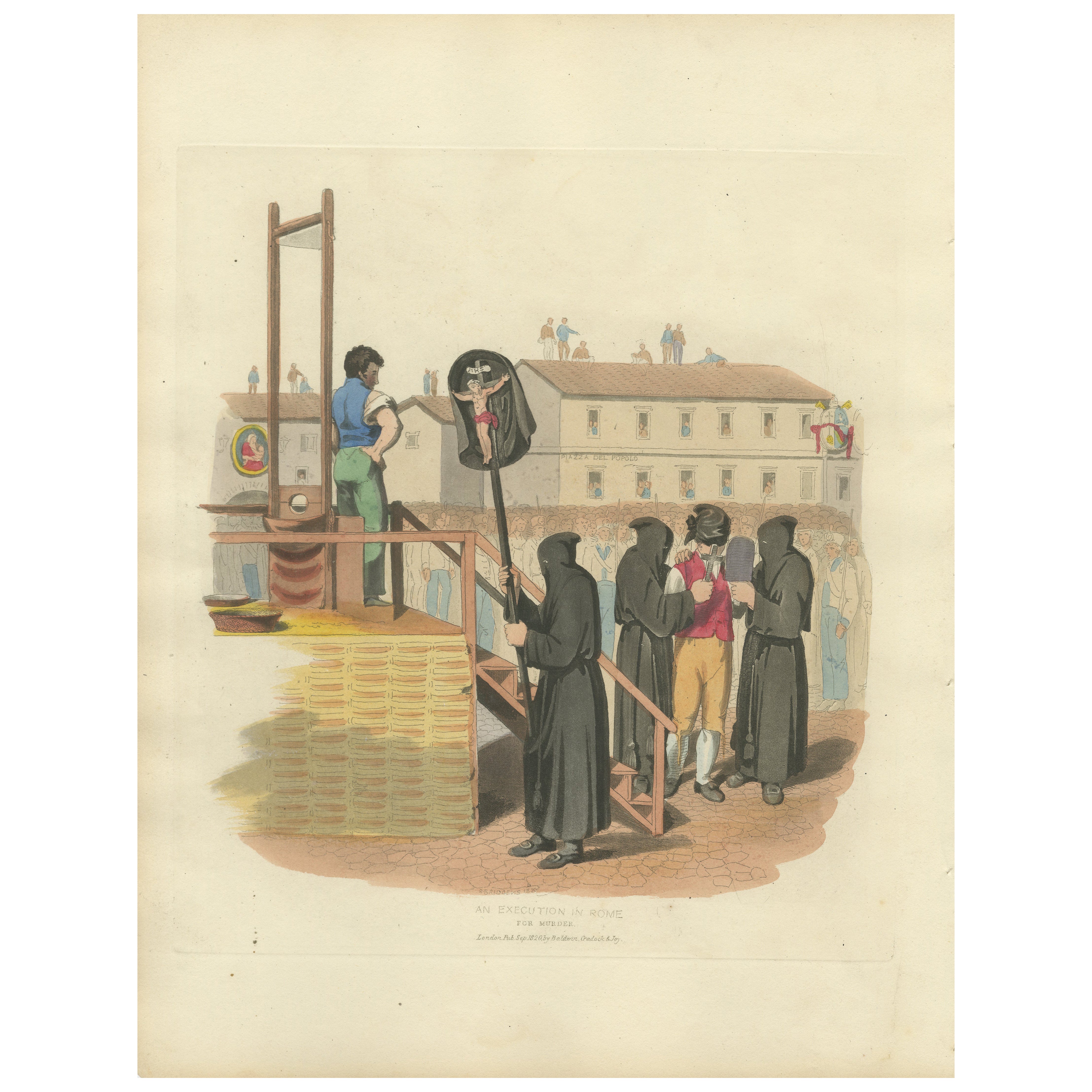 Gravure d'exécution : Décapitation publique pour meurtre à Rome, coloriée à la main, années 1820