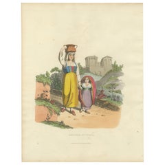 Tivoli Costumes & Temple of Vesta - 1819 Etching of Italian Heritage