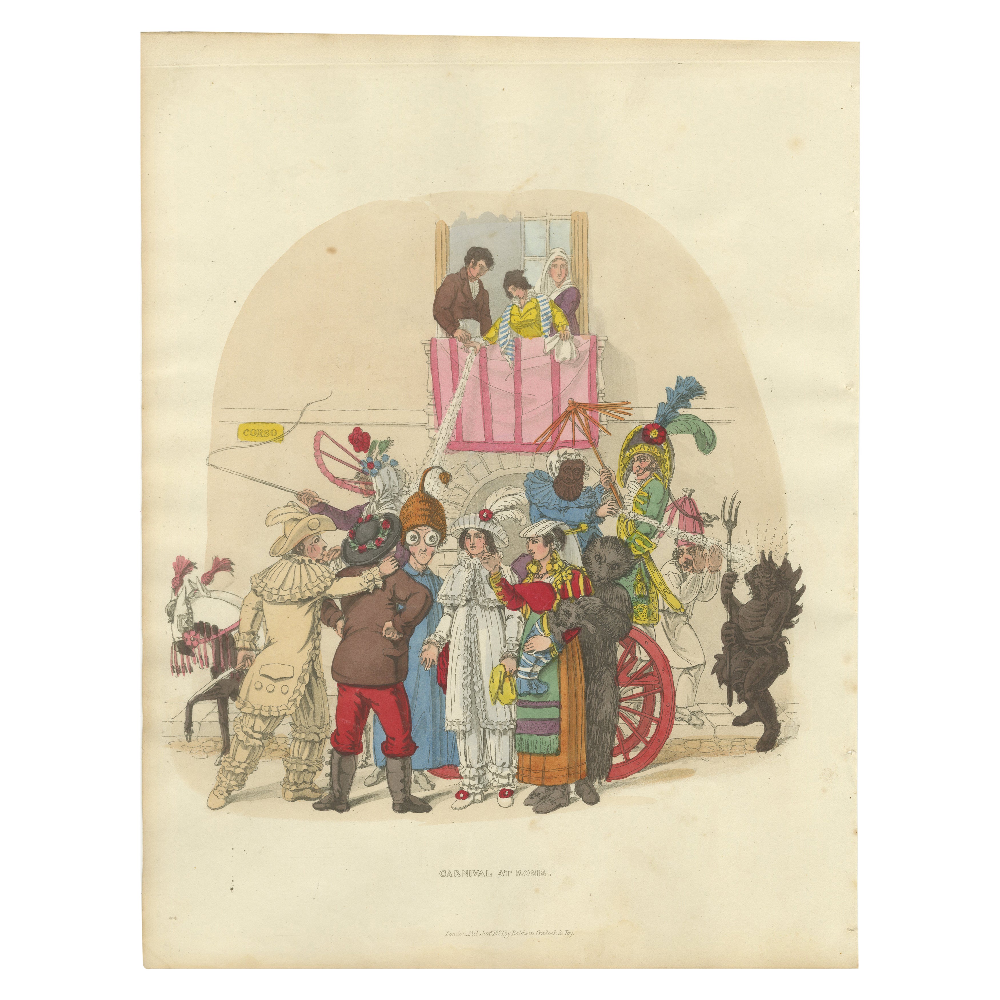Roman Carnival Costumes & Festivity - 1820 Etching of Celebration