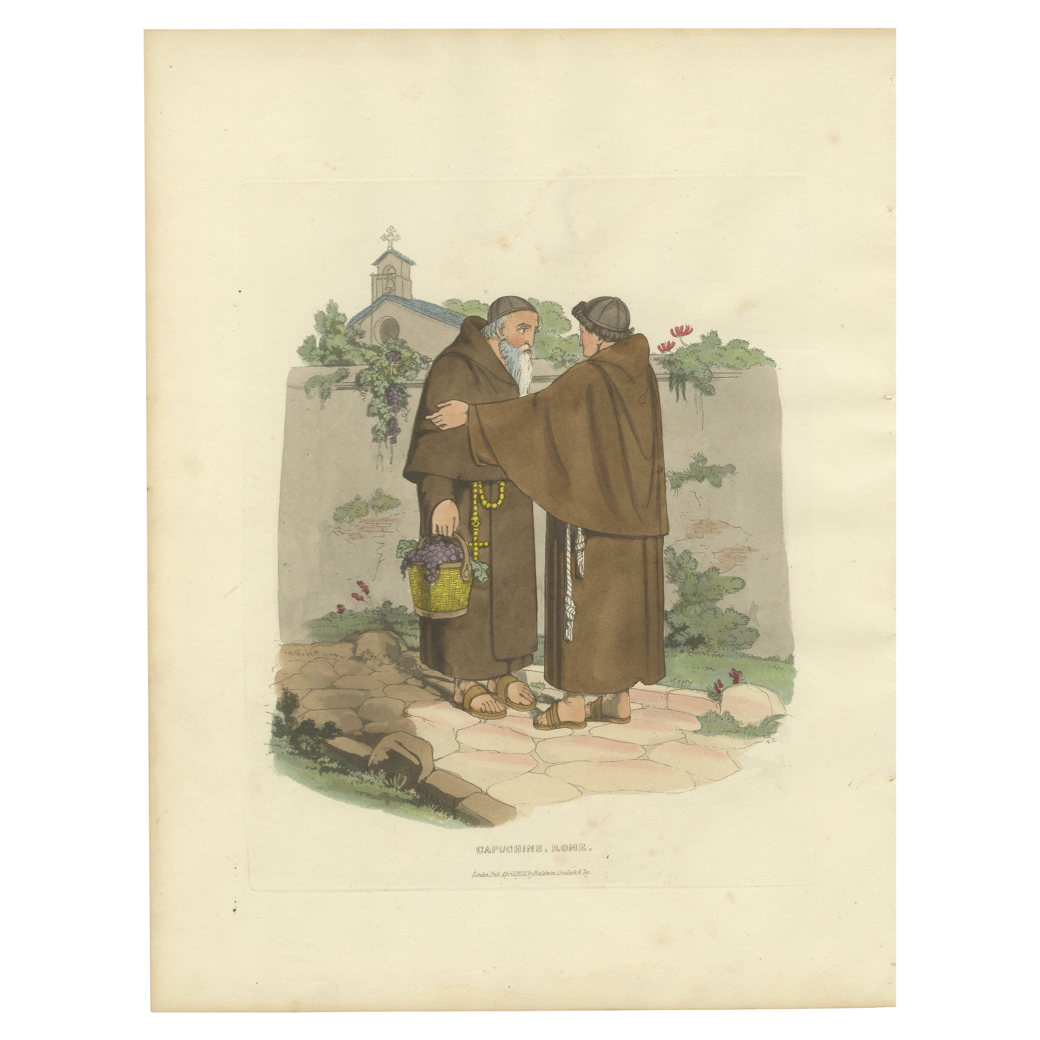 Capuchin Monks & Roman Serenity - 1820 Etching of Devotion