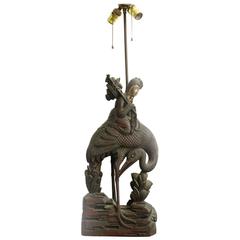 Antique Large Chinese Wood Carving of He Xiangu, Mounted as a Table Lamp, circa 1900