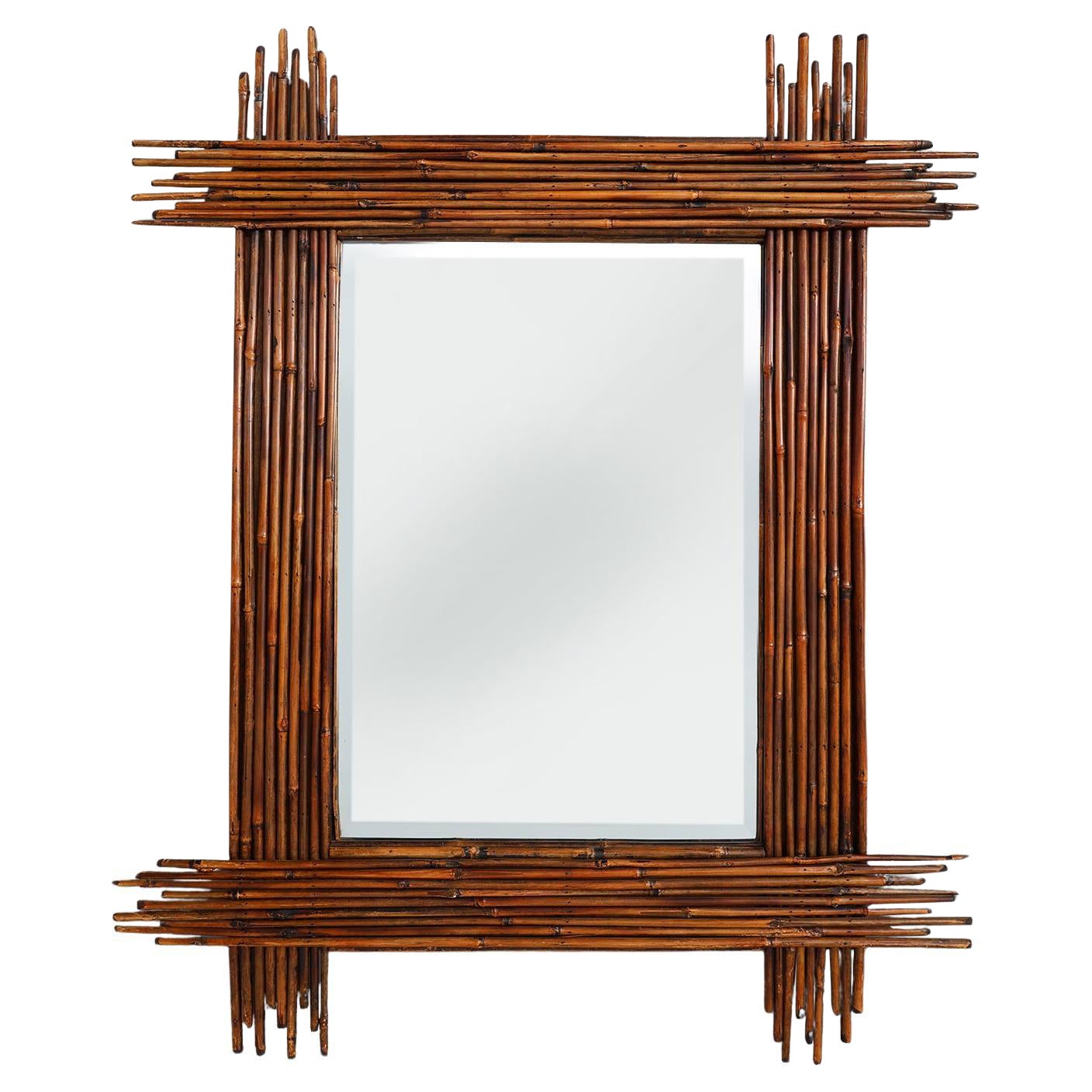 Grand miroir vintage en bambou avec miroir biseauté, France 1960s en vente