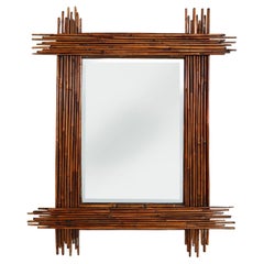 Large Vintage bamboo mirror with beveled mirror, France 1960s