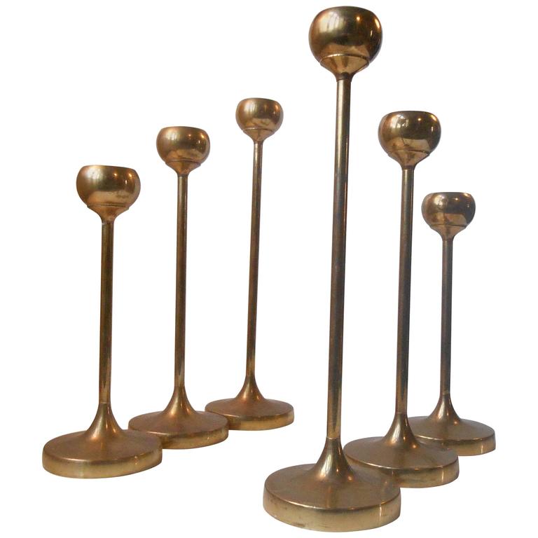 Six Brass Candlesticks Alá Pierre Forssell, MidCentury Scandinavian