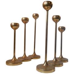 Six Brass Candlesticks Alá Pierre Forssell, Mid-Century Scandinavian Modern