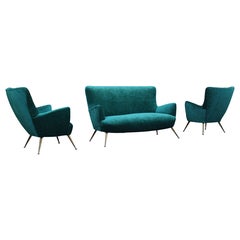 Set Divano Poltrone Italiane Mid-centruy Piedi Ottone a spillo Velluto Verde