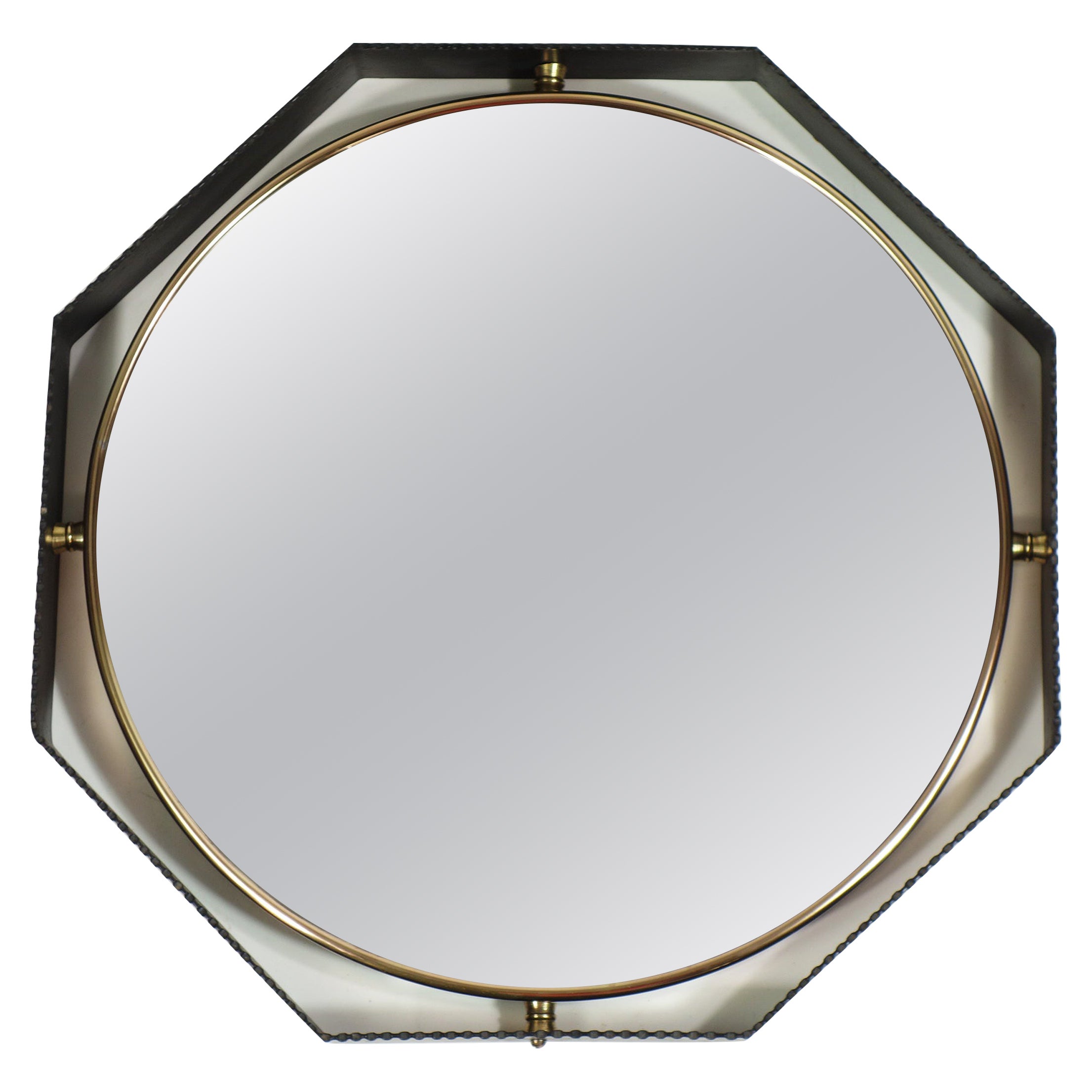 1950 Italian Midcentury Design Black Iron Brass Wall Mirror