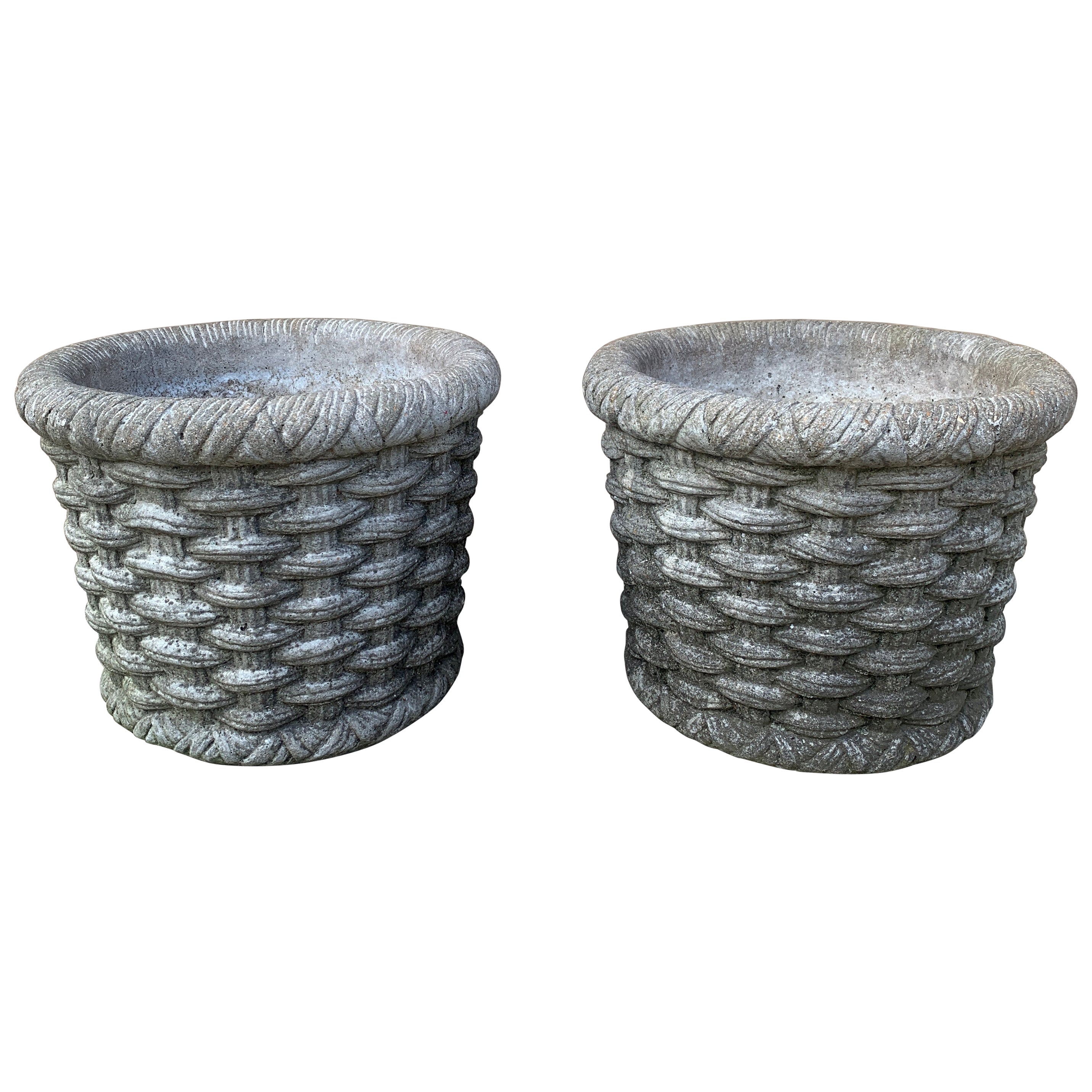 Vintage French Country Cast Stone Basketweave Planters, a Pair