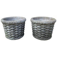 Vintage French Country Cast Stone Basketweave Planters, a Pair
