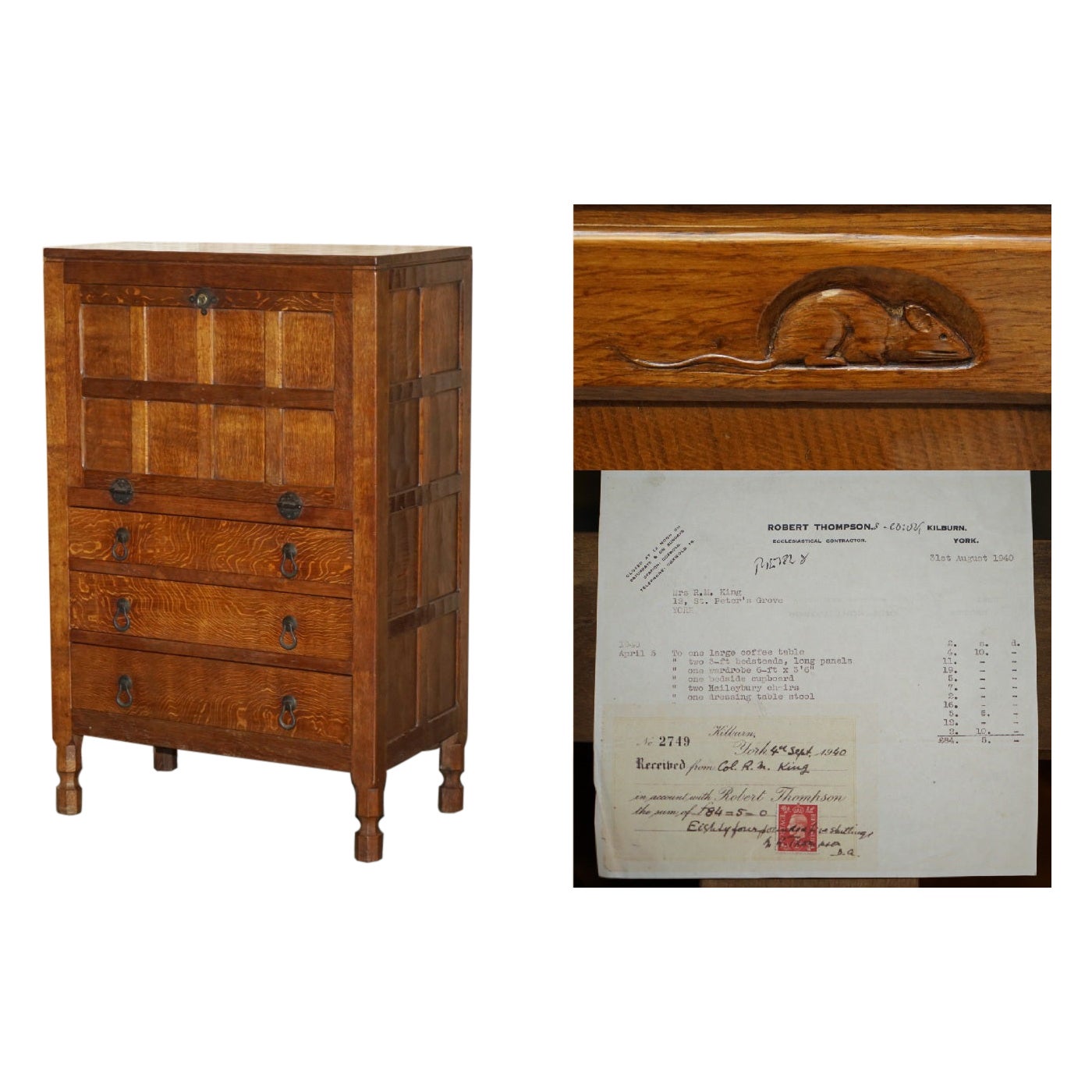 COLLECTABLE 1940's ROBERT MOUSEMAN THOMPSON BUREAU DESK DRAWERS ORIGINAL RECEIPT im Angebot