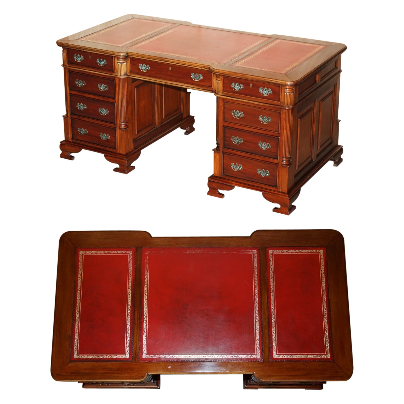 FINE ViNTAGE HARDWOOD & OXBLOOD LEATHER DOUBLE SIDED TWIN PEDESTAL PARTNER DESK en vente