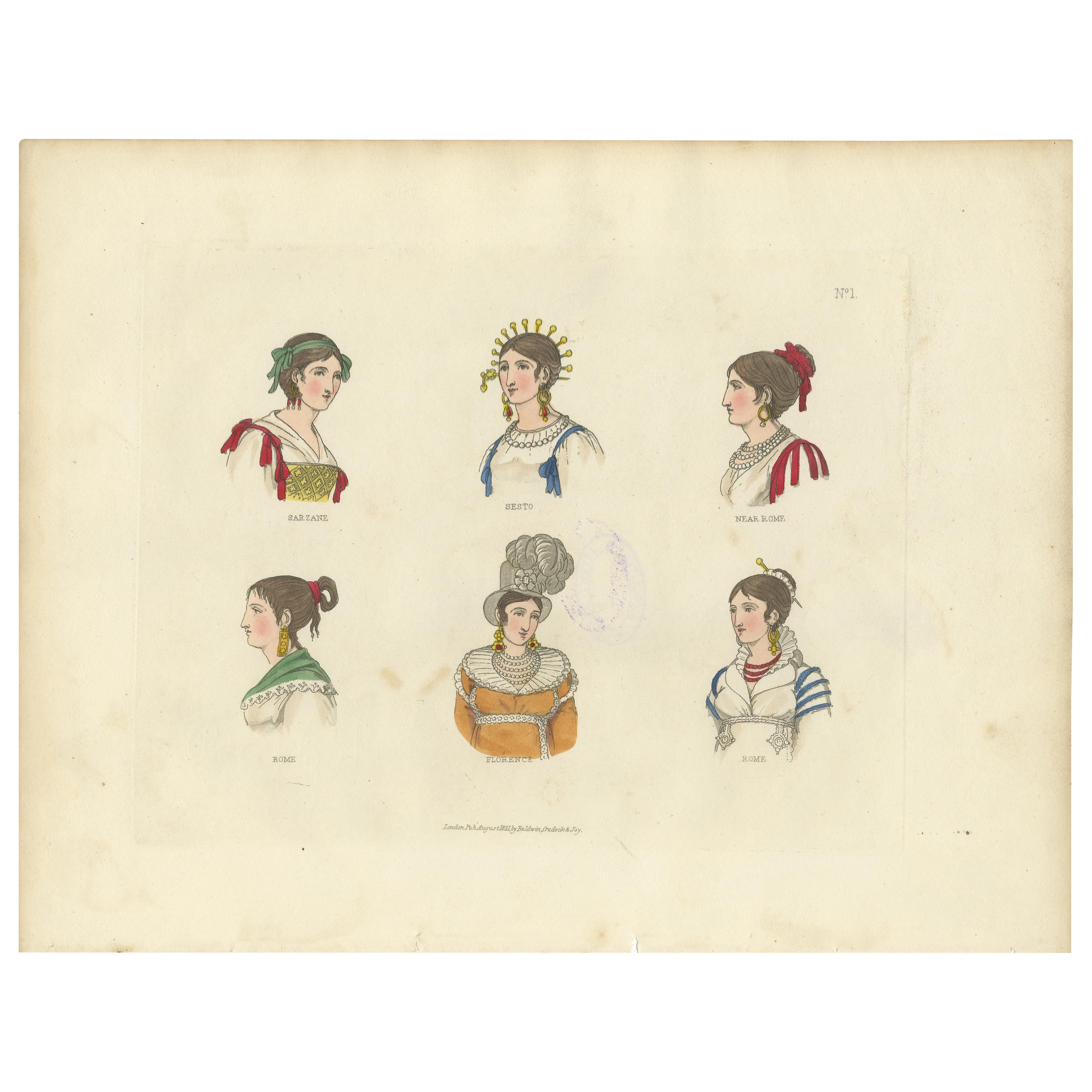 Italian Regional Costumes: Sarzana, Sesto, Rome and Florence, 1823