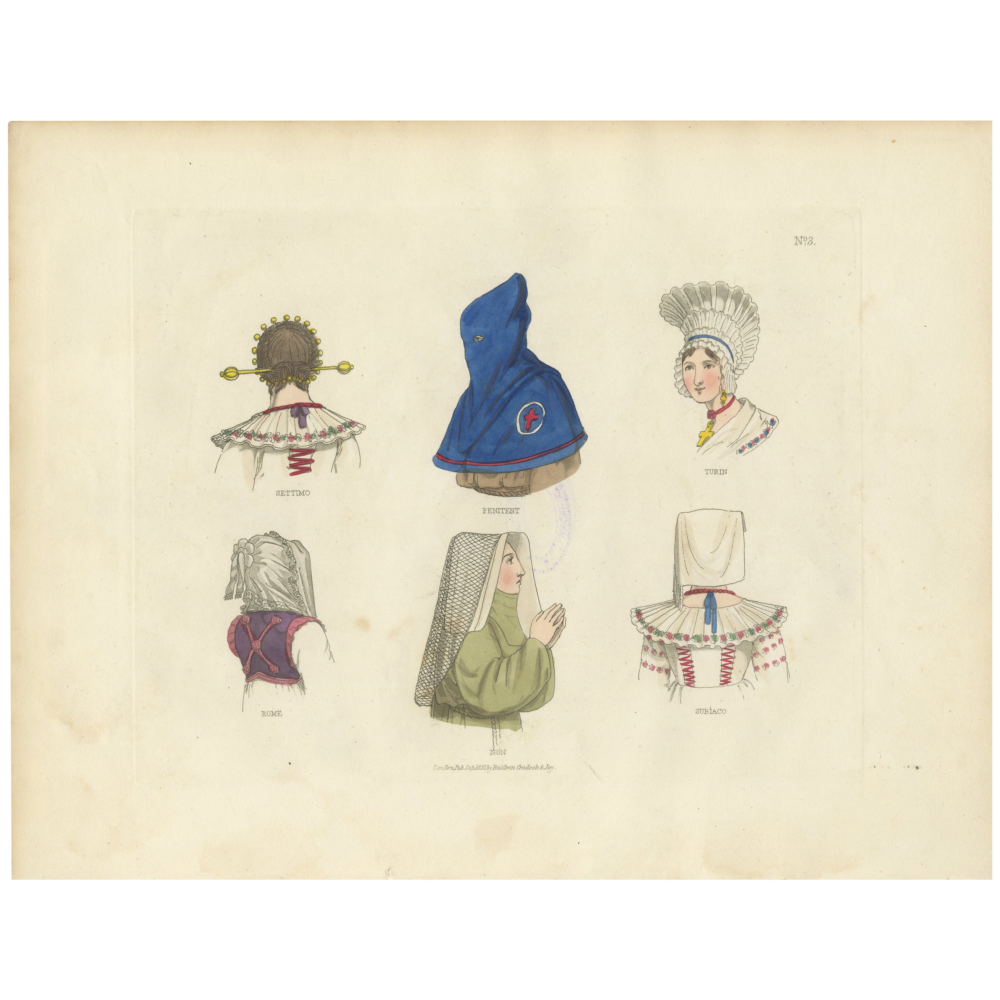 Traditional Headwear from Italy: Turin, Rome, Subiaco and More – 1823 Print en venta