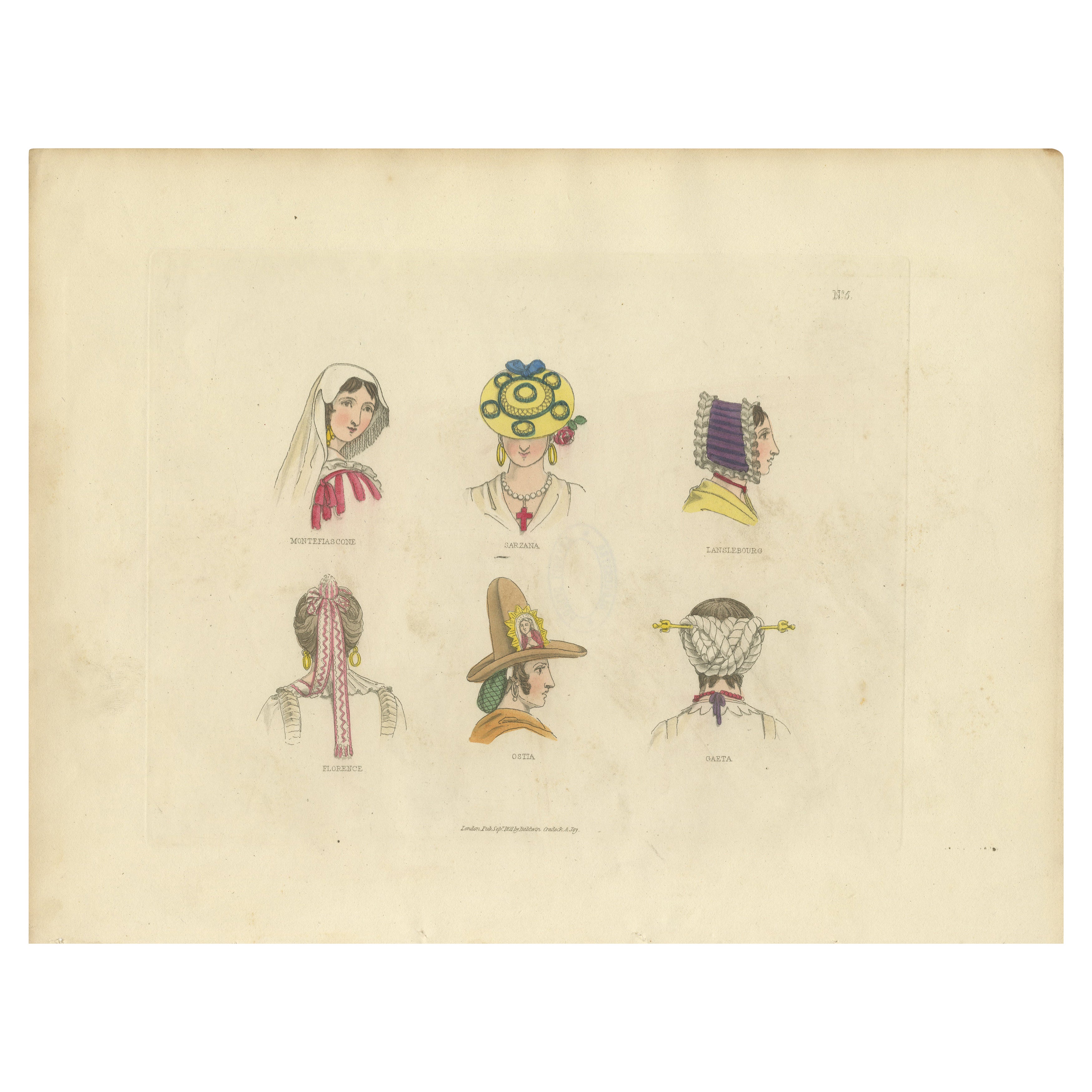 Traditional Headdresses from Italy and France: Florence, Ostia, Castà – 1823