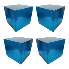 Contemporary Cube Lamp Blue Murano Glass and Brass, Italy