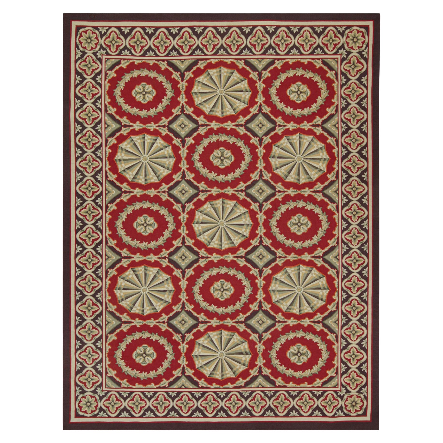 Flachgewebe im Aubusson-Stil in Rot mit Medaillons und Blumenmuster im Angebot