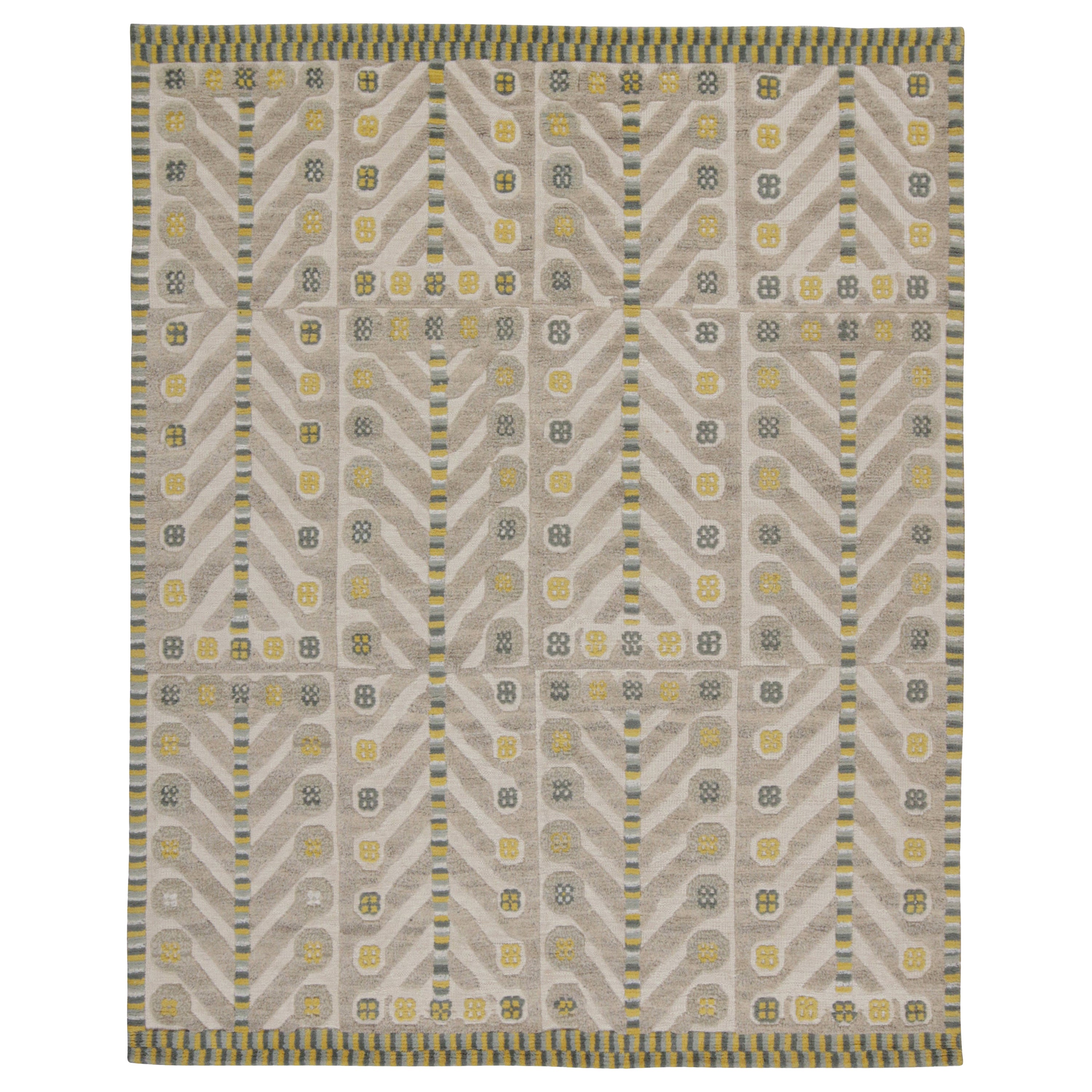 Rug & Kilim’s Scandinavian Style Rug in Brown, gray-Blue & Gold Patterns en vente