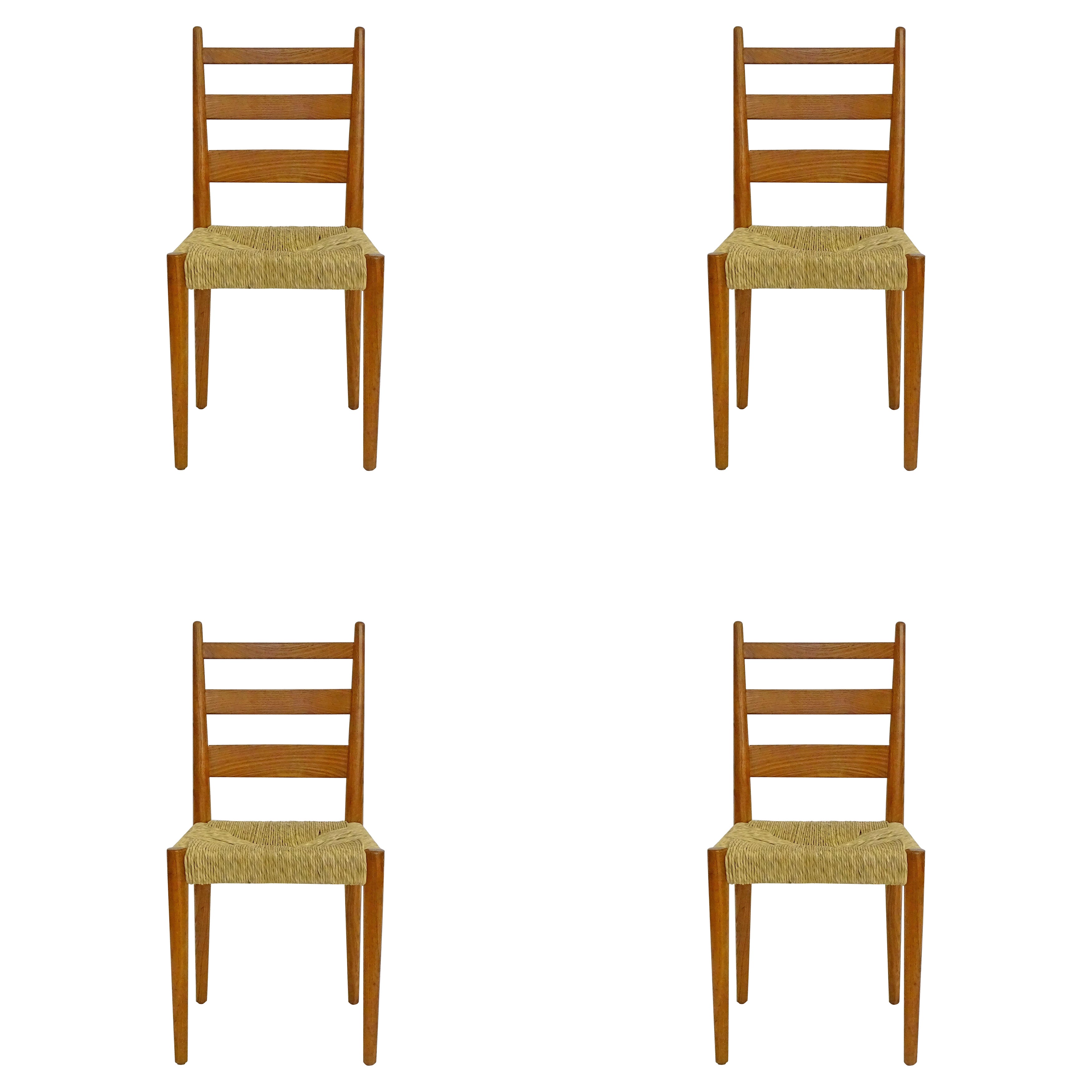 Osvaldo Borsani Set of Four Oak and Straw Dining Chairs for ABV, Italy 1937